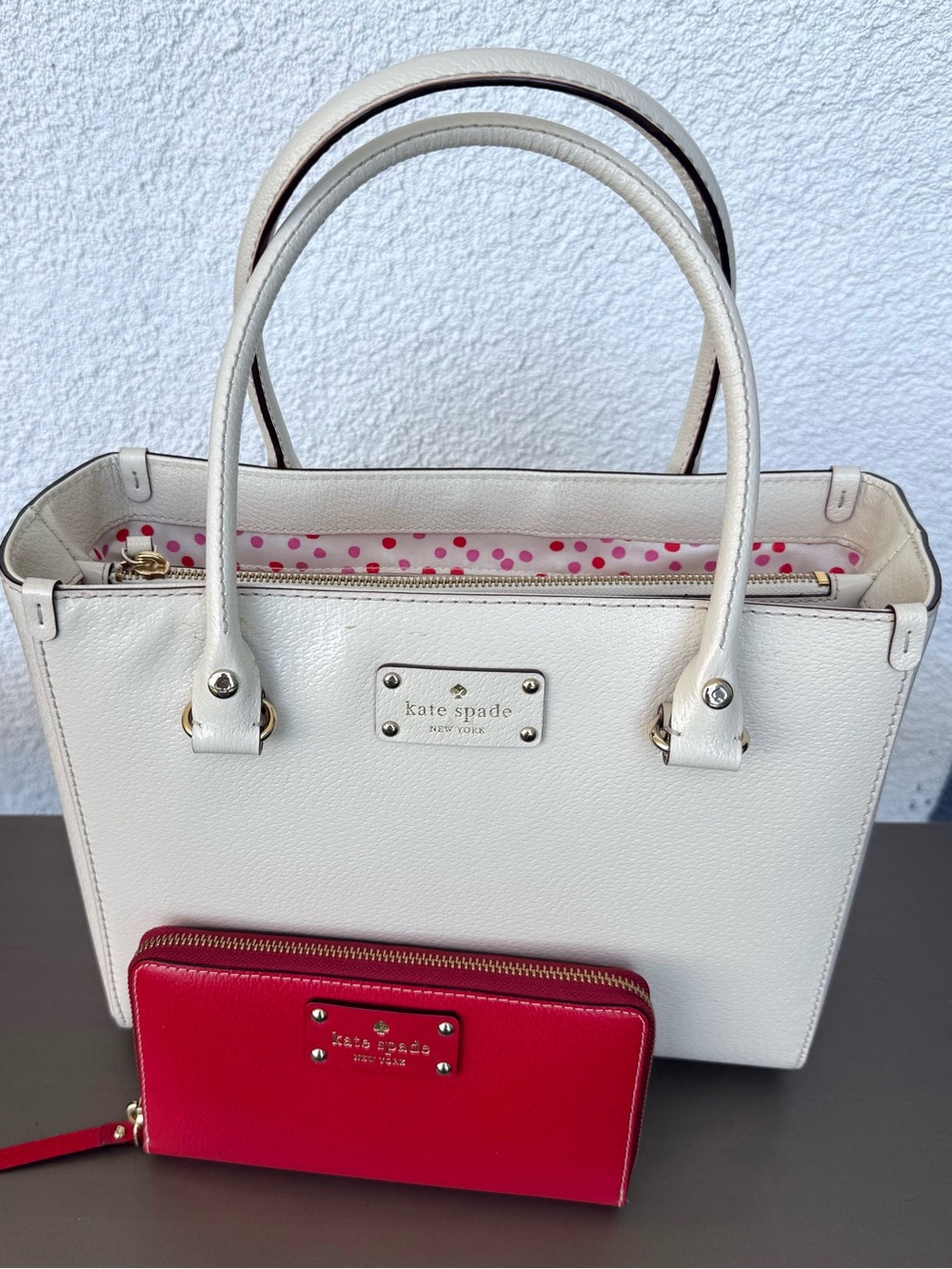 Kate Spade Leather Satchel Bag , Color Cream , interior in red dots plus free